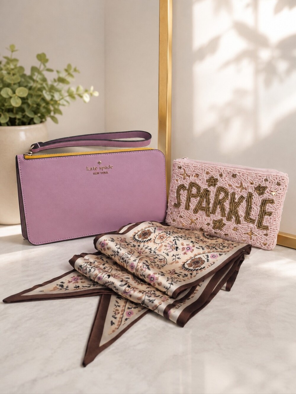 Kate Spade Saffiano Leather Lucy Wristlet + Scarf & Beaded Pouch Set NWOT